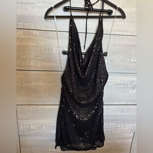 Fashion Nova Black Sequin Strapless Cowl Neck Dress